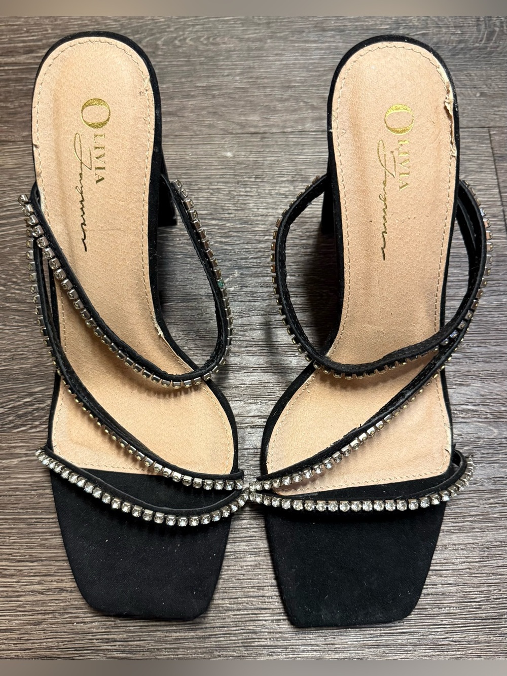 Olivia Jaymes Black Rhinestone Strappy Slide Sandals | Sz 9